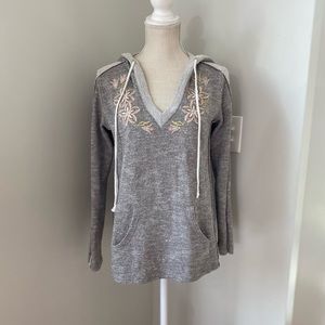 Believe Collection Grey V-Neck Embroidered French Terry Popover Hoodie